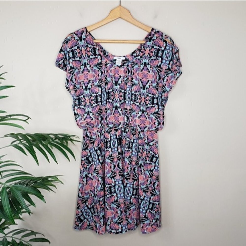 Bar III Split Sleeve Boho Print Dress Size Small Pink Black Blue Lavender